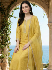 Yellow Embroidered Straight Kurta Trousers With Dupatta Set