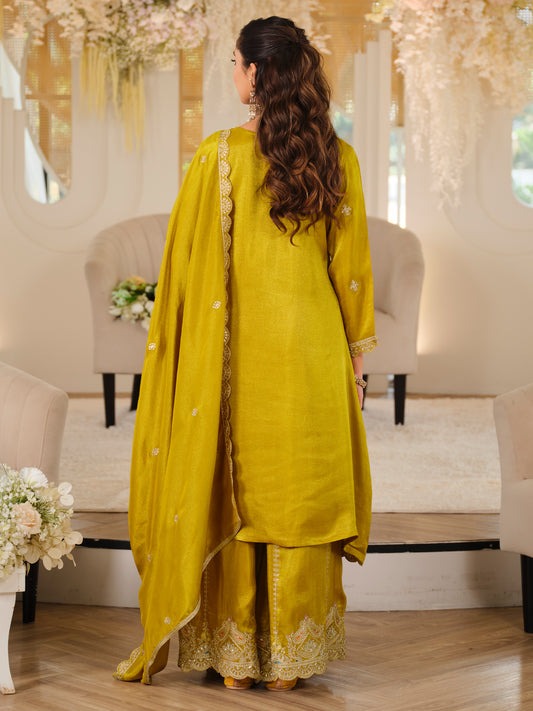 Mustard Embroidered A-Line Kurta Palazzos With Dupatta Set-ST9KH269