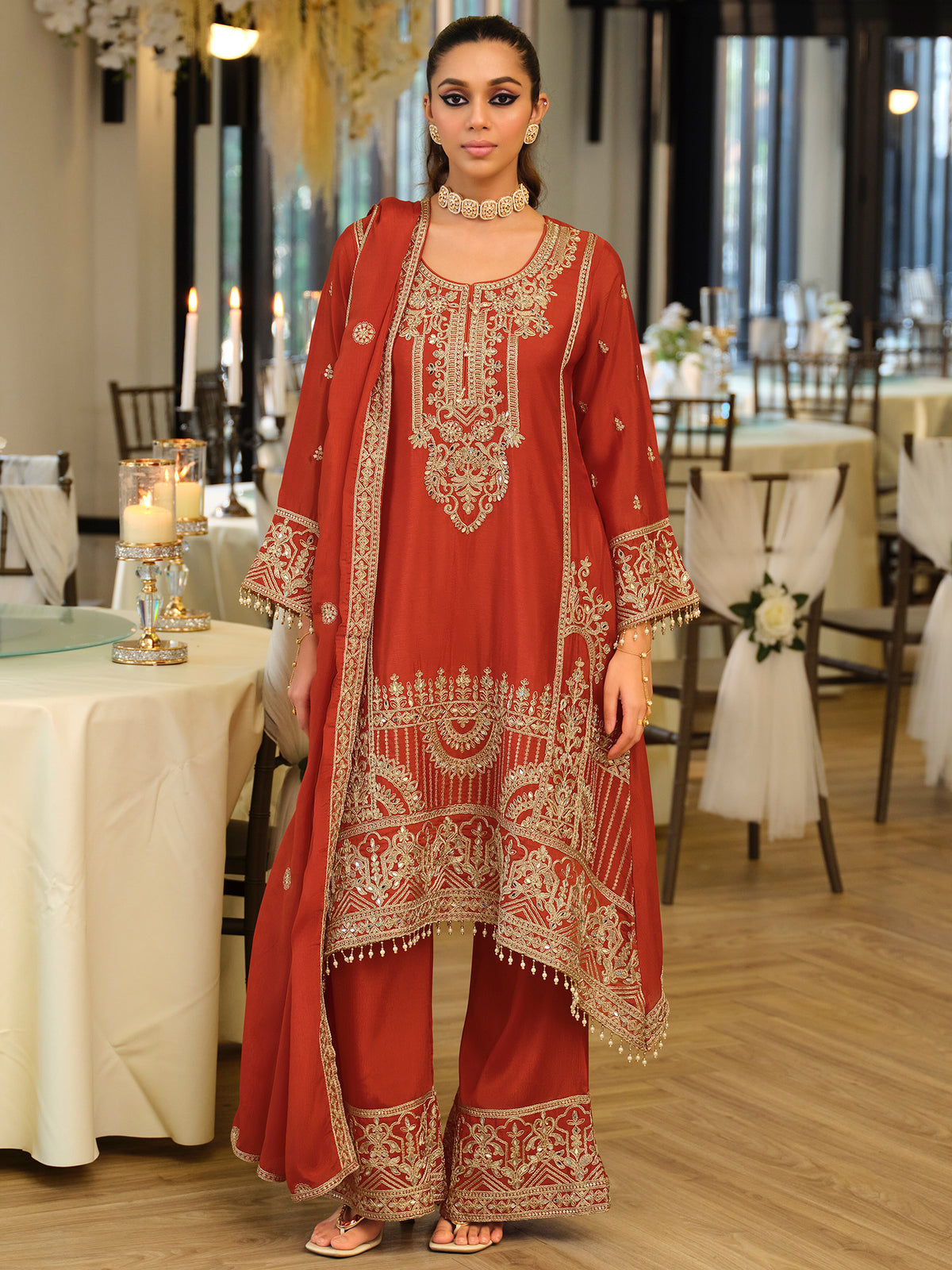 Rust Embroidered A-Line Kurta Palazzos With Dupatta Set-ST9KH308
