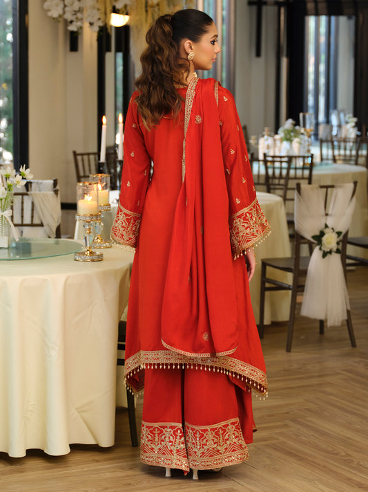 Rust Embroidered A-Line Kurta Palazzos With Dupatta Set-ST9KH308