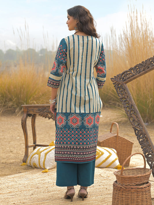 Blue Printed Straight Kurta Trousers With Dupatta Set-ST0KH337
