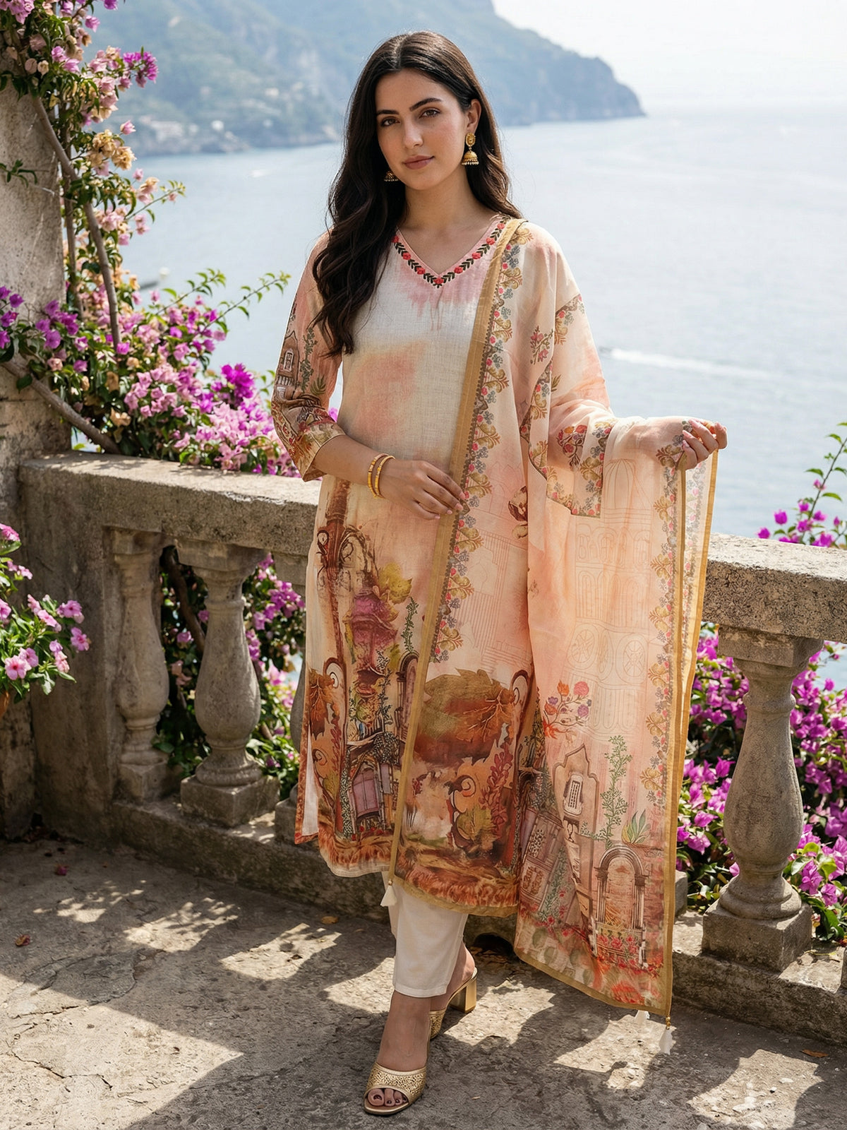 Off White Printed Straight Kurta Trousers With Dupatta set-KH5OW12257