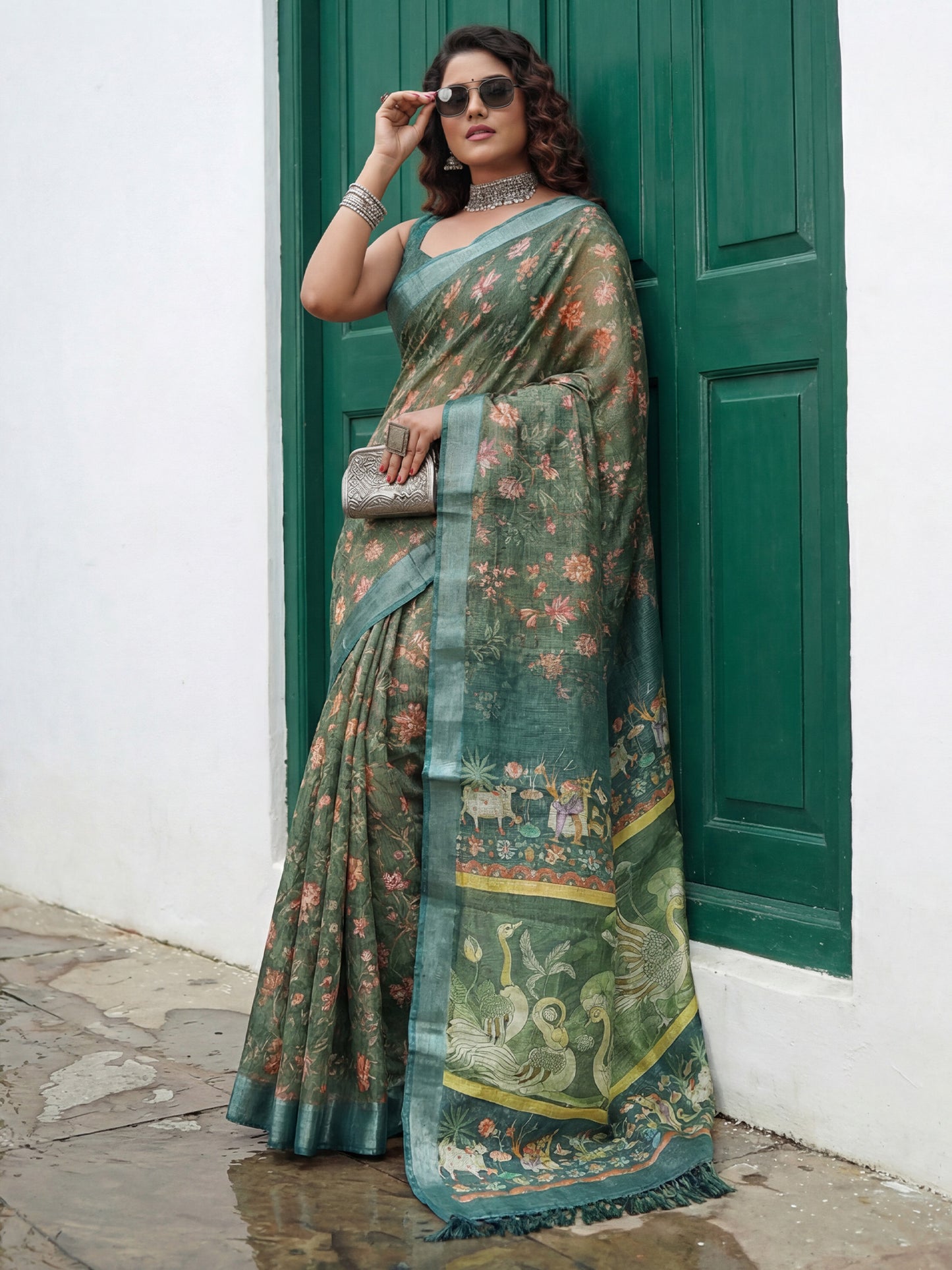 Women's Cotton Silk Sea Green Digital Print Designer Saree With Blouse Piece
