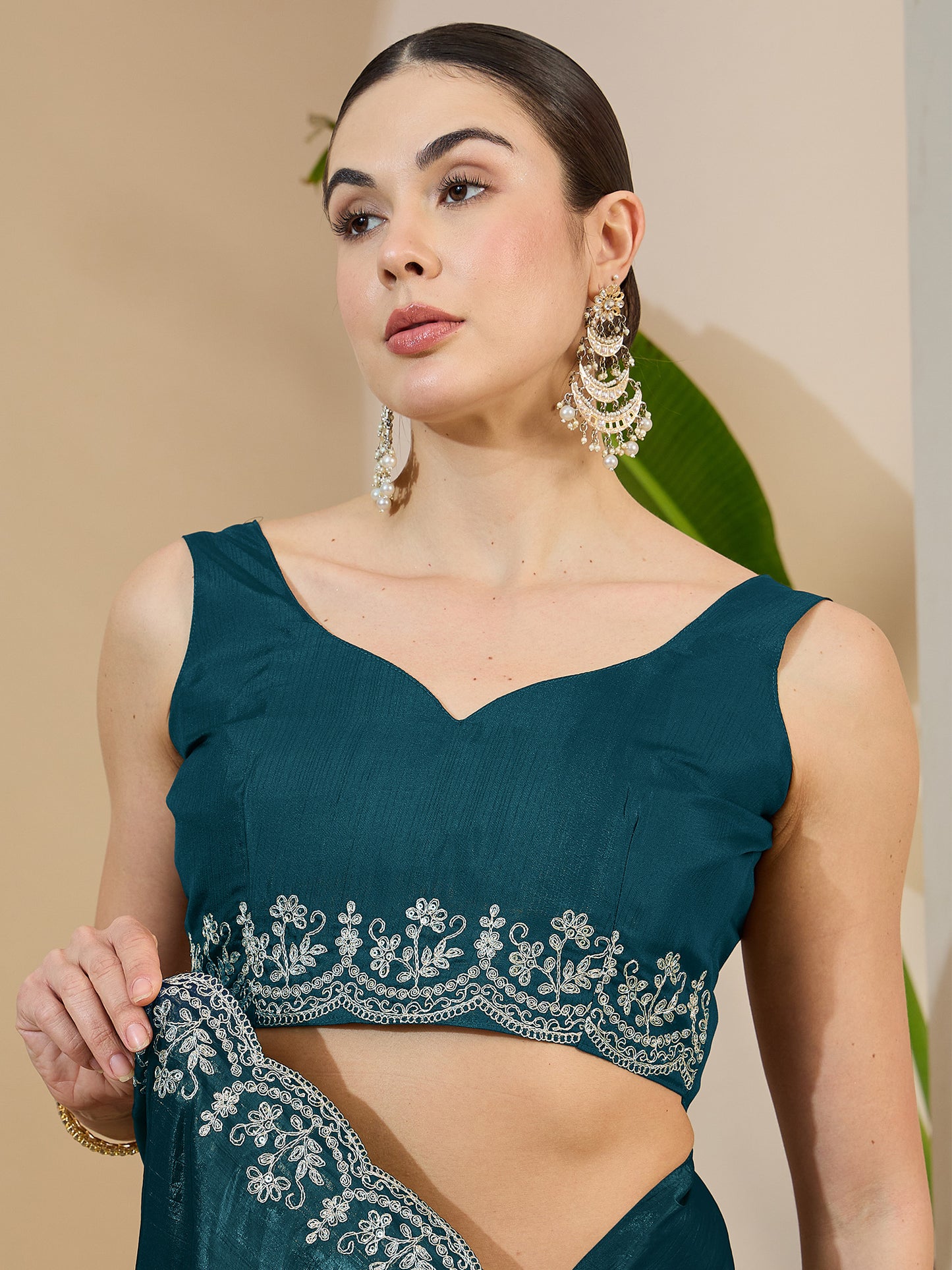 Women's Tissue Teal blue Zari Embroidered Designer Saree With Blouse Piece