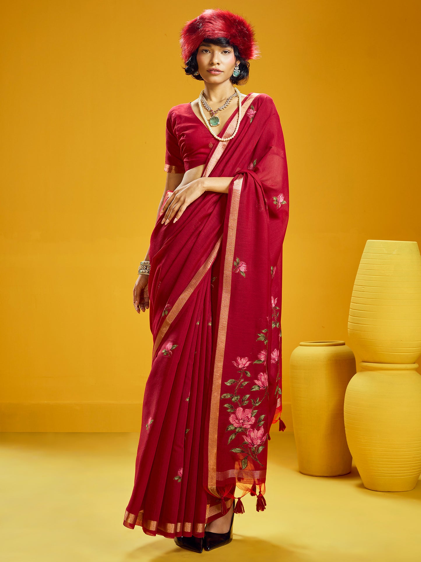 Women's Cotton Silk Red Woven Design Designer Saree With Blouse Piece