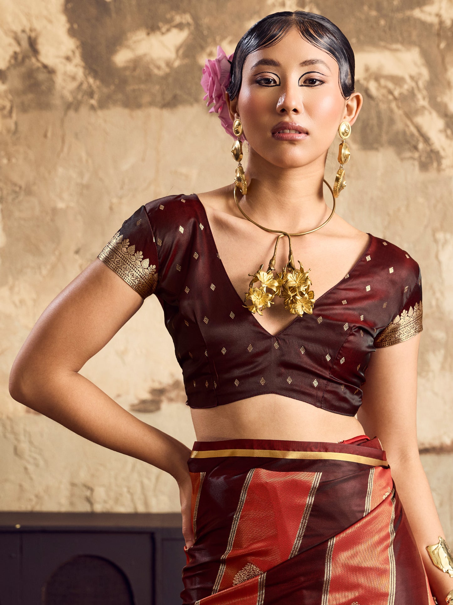 Women's Satin Maroon Woven Design Designer Saree With Blouse Piece