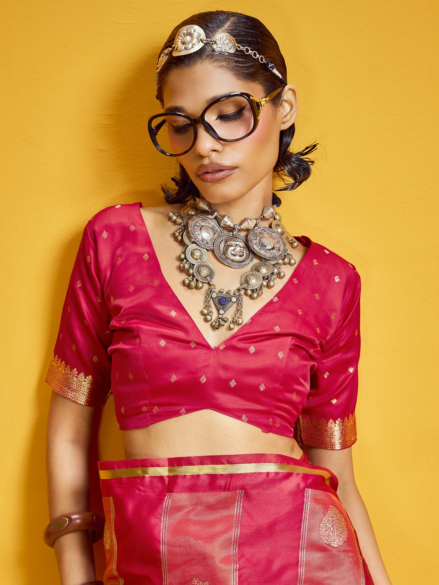 Women's Satin Red Woven Design Designer Saree With Blouse Piece