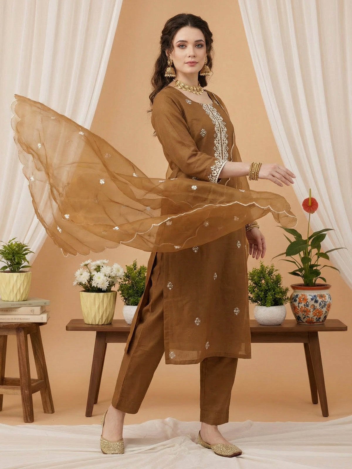 Brown Embroidered Straight Kurta Trousers With Dupatta Set-DD9KH485