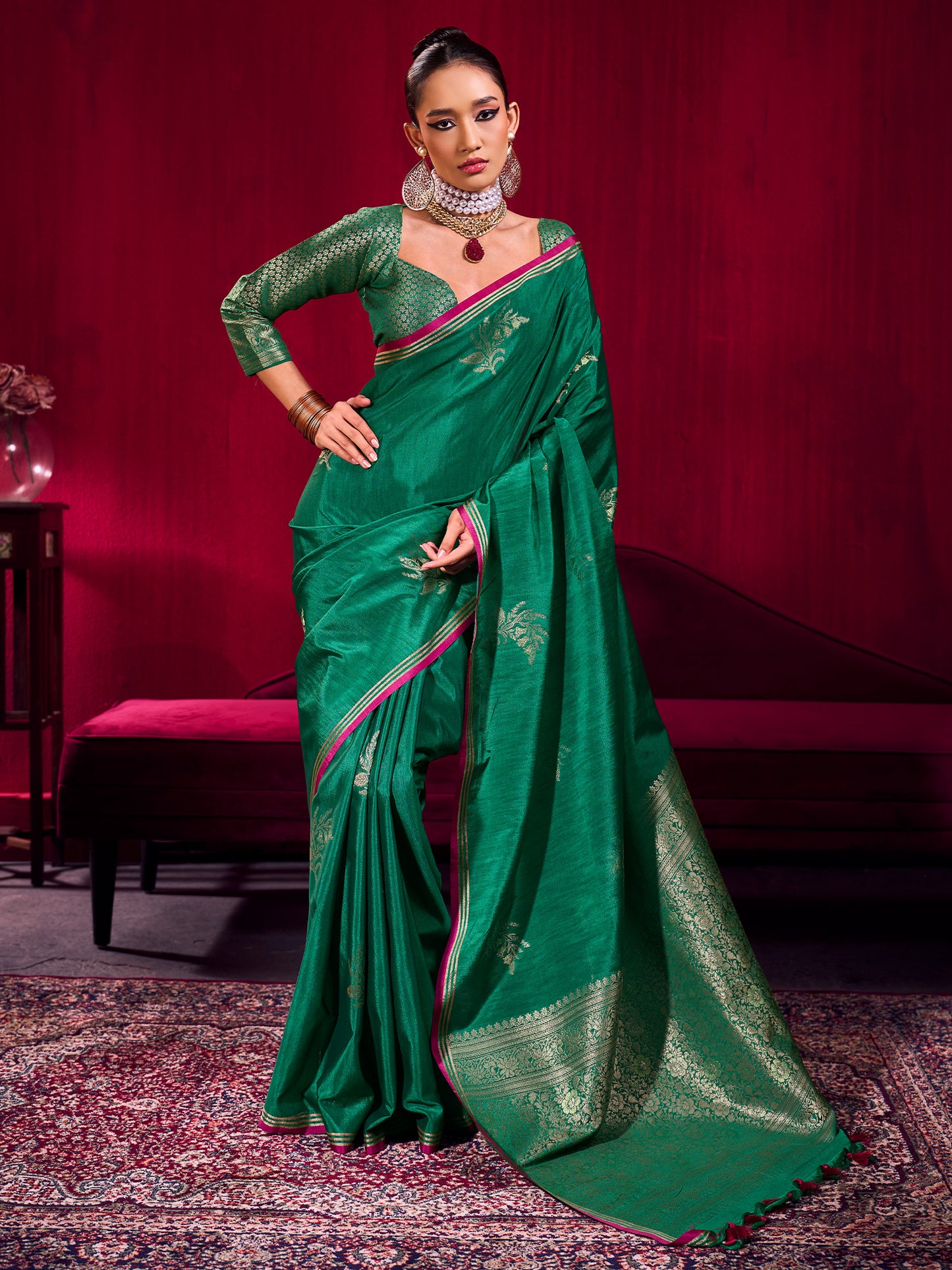 Women's Linen Teal green Woven Design Designer Saree With Blouse Piece