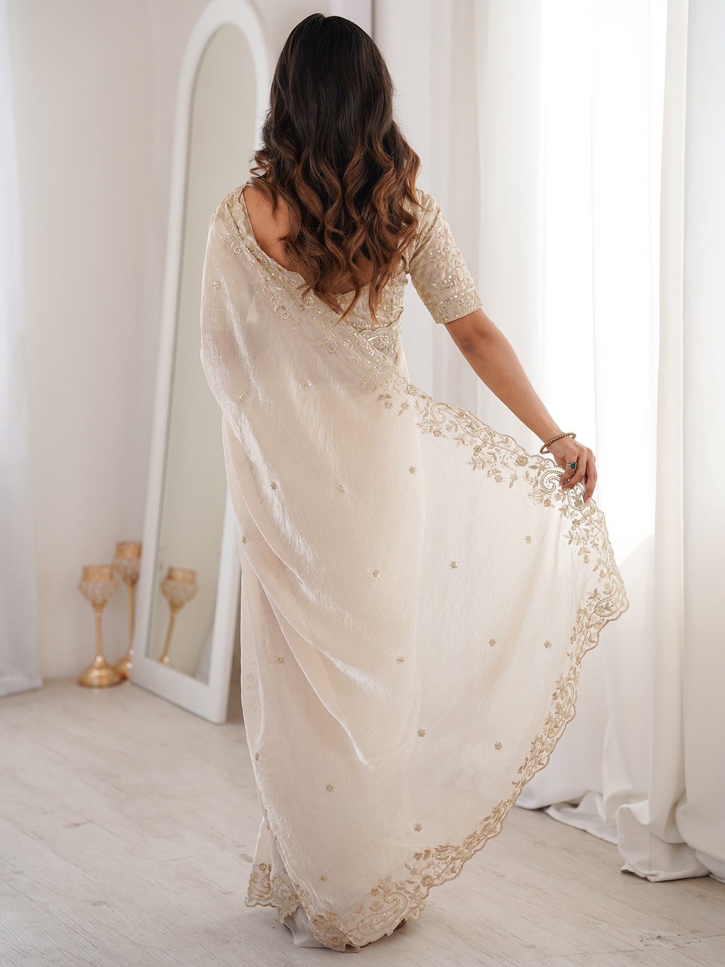 Women's Satin Off White Embellished Designer Saree With Blouse Piece