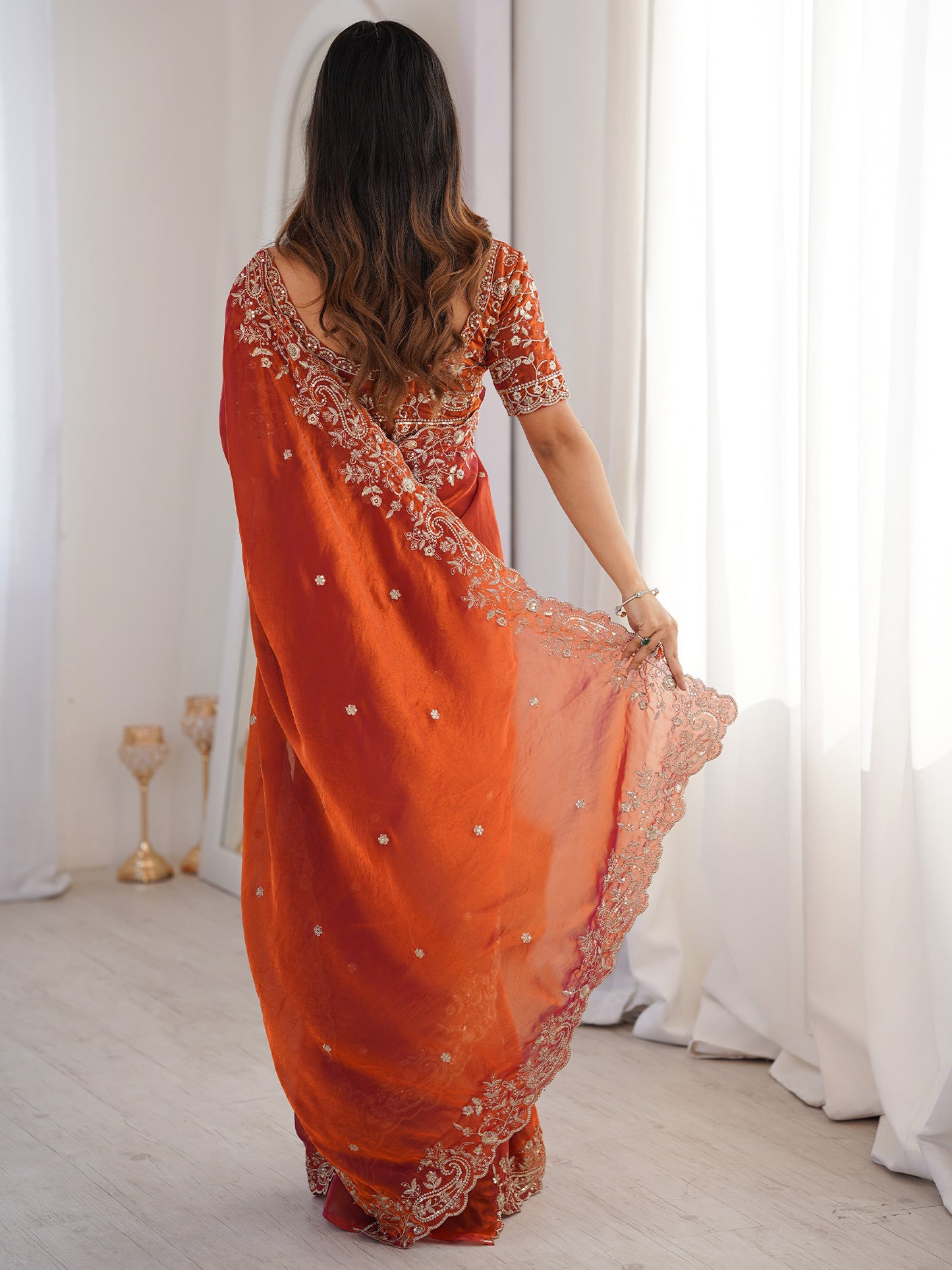 Women's Satin Rust Embellished Designer Saree With Blouse Piece