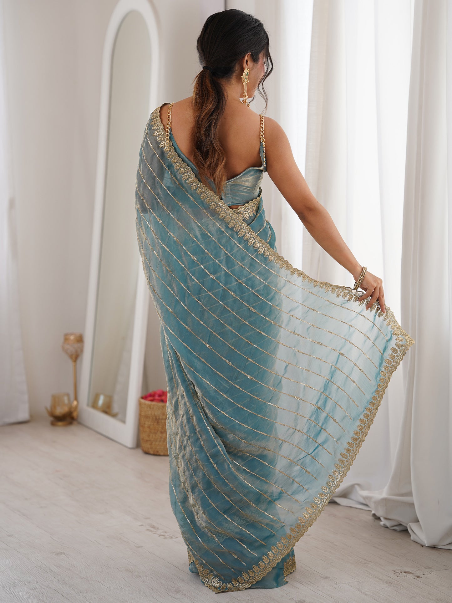 Women's Satin Light Blue Embellished Designer Saree With Blouse Piece