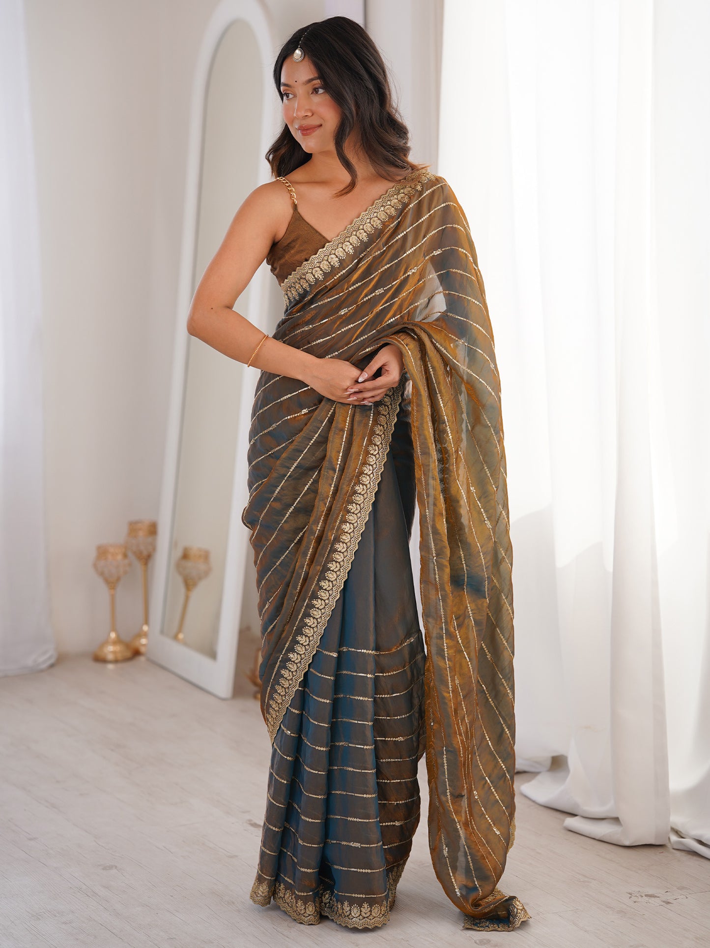 Women's Satin Olive Embellished Designer Saree With Blouse Piece