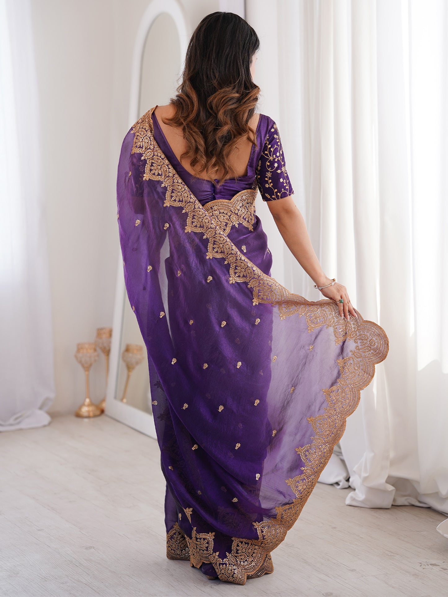 Women's Satin Purple Embellished Designer Saree With Blouse Piece