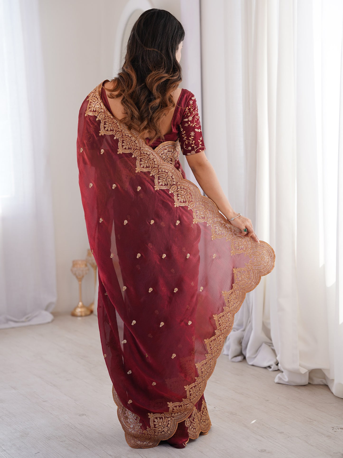 Women's Satin Maroon Embellished Designer Saree With Blouse Piece