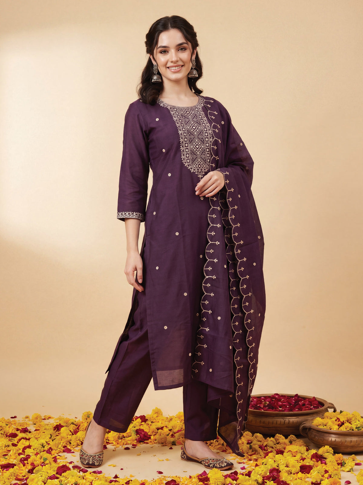 Purple Embroidered Straight Kurta Trousers With Dupatta Set-DD9KH486