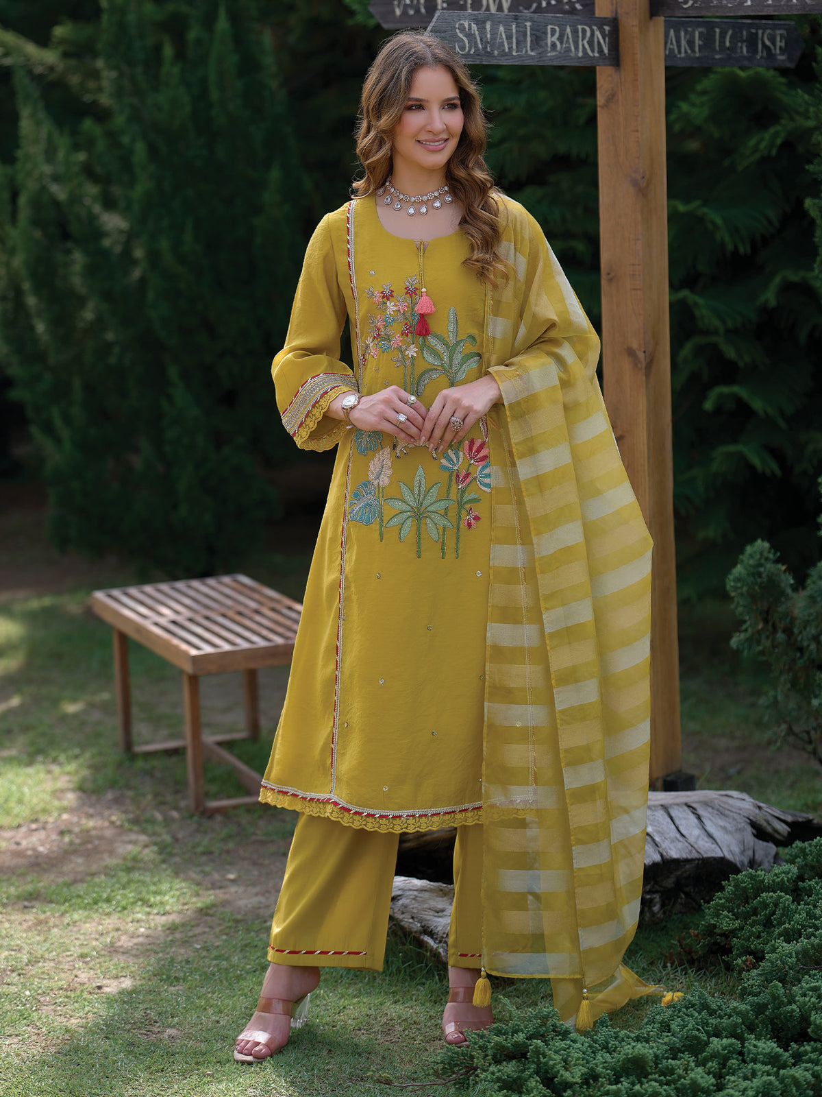 Yellow Embroidered A-Line Kurta Trousers With Dupatta Set-KH9YL13248