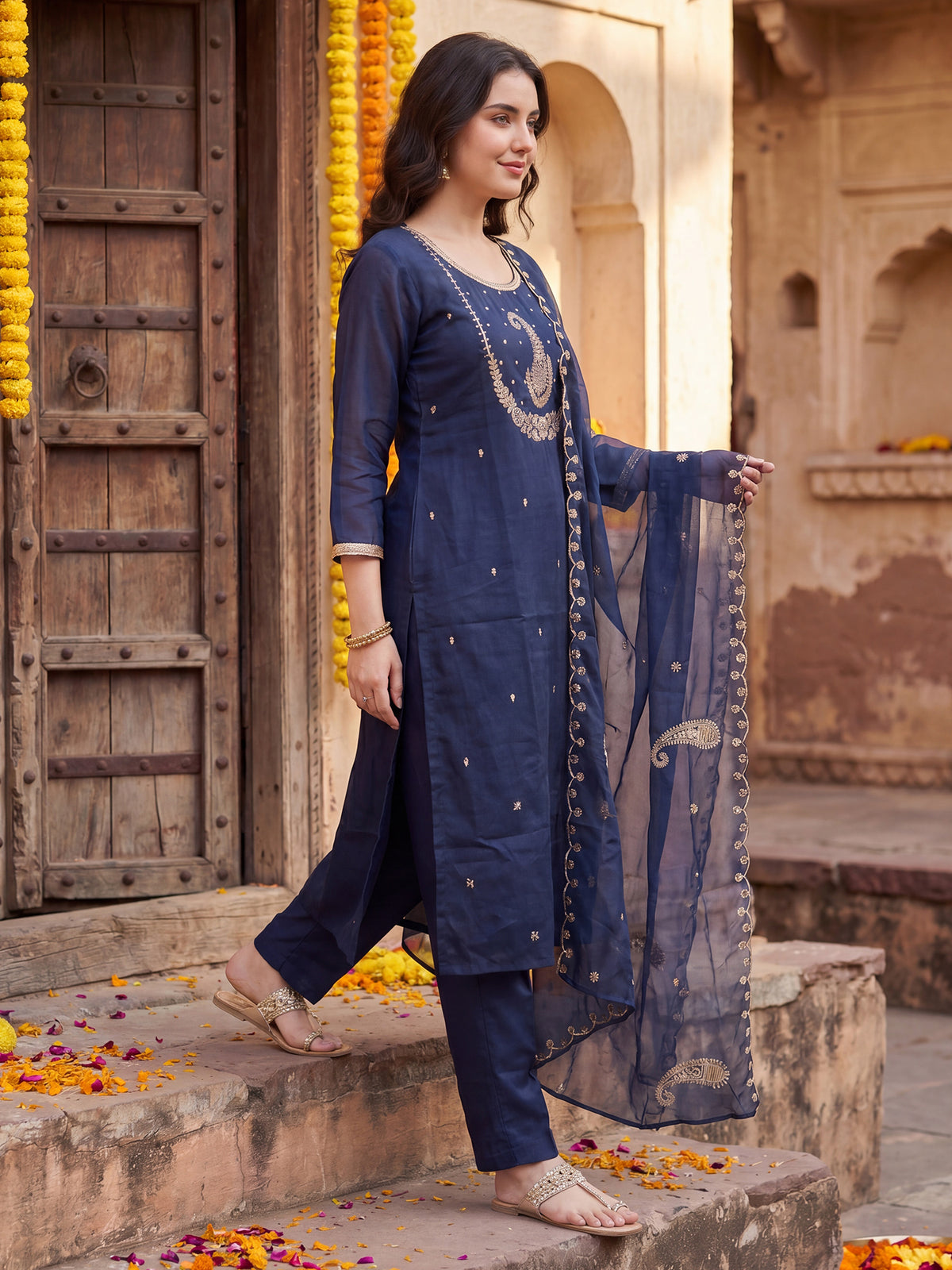 Blue Embroidered Straight Kurta Trousers With Dupatta Set-BB9KH387