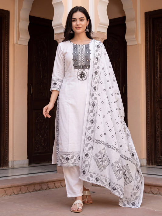 White Embroidered Straight Kurta Trousers With Dupatta Set-ST0KH563