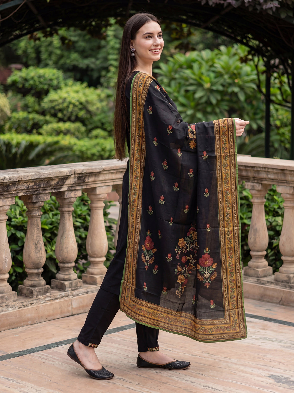 Black Embroidered Straight Kurta Trousers With Dupatta Set-KH5BK13703