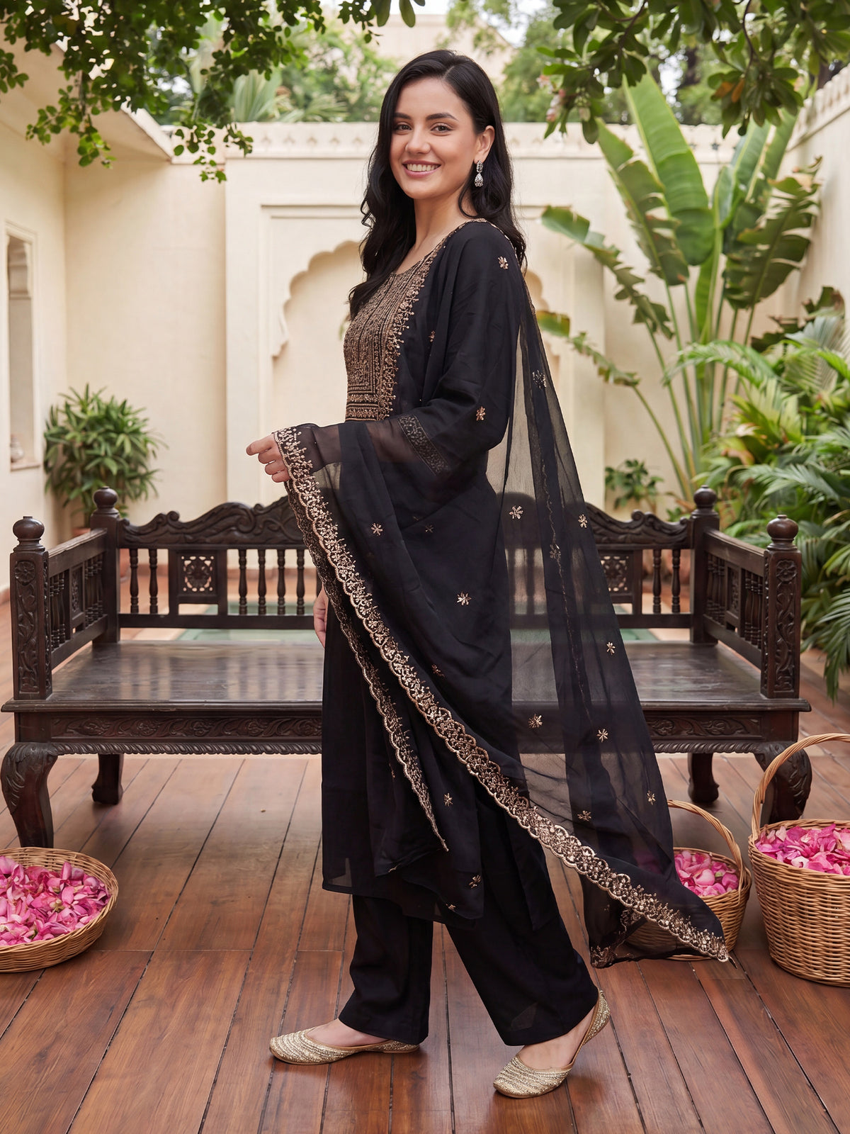 Black Embroidered Straight Kurta Trousers With Dupatta Set-DD9KH525