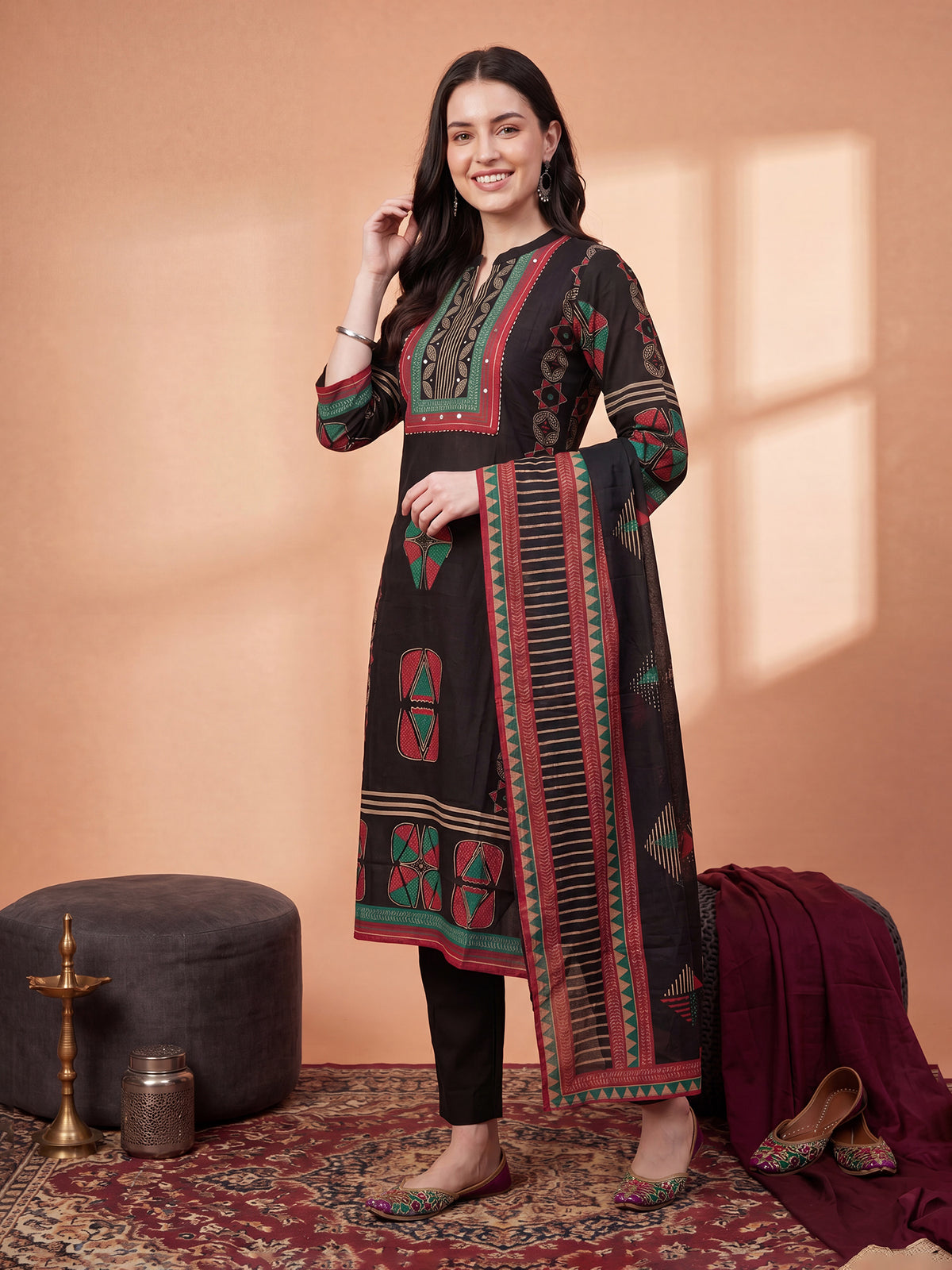 Black Printed Straight Kurta Trousers With Dupatta Set-KH0BK13441