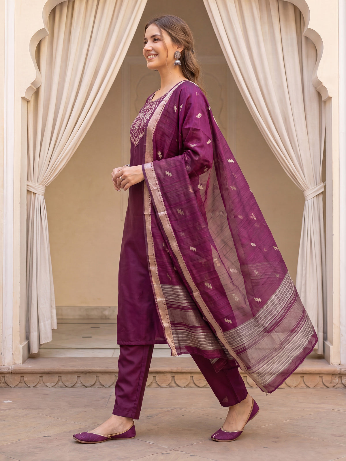 Burgundy Embroidered Straight Kurta Trousers With Dupatta Set-DD9KH565