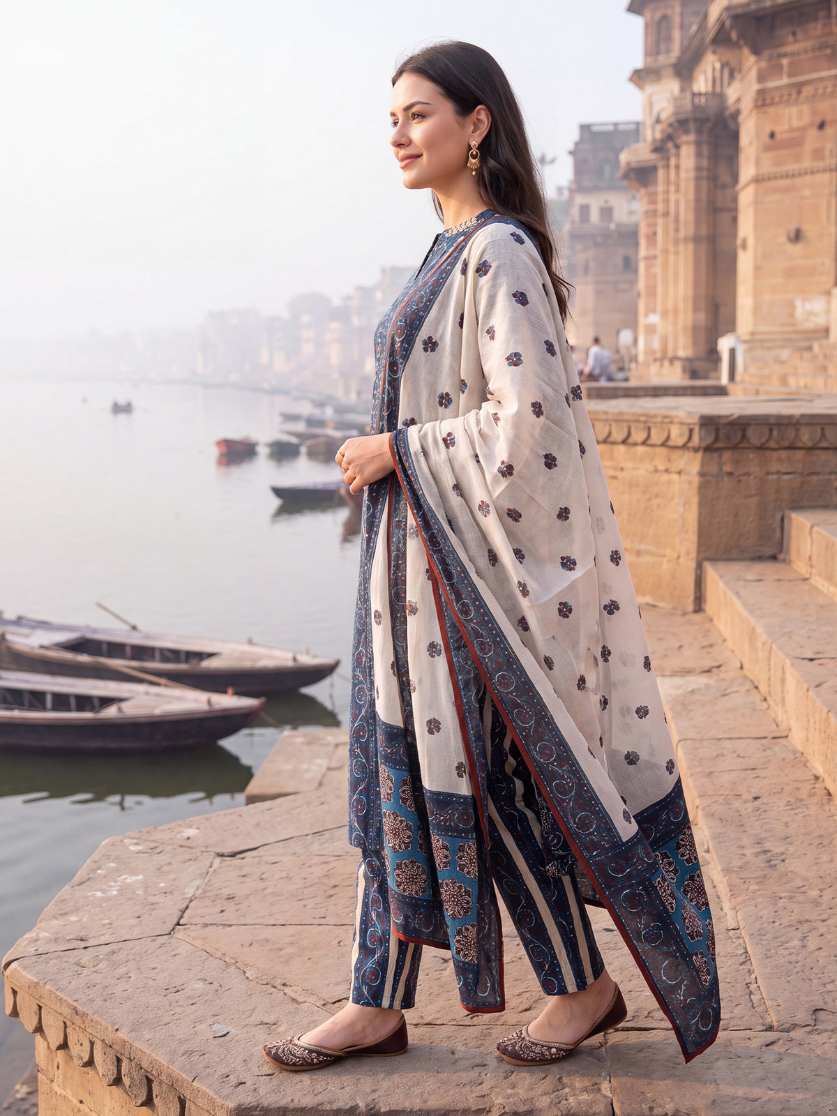 Blue Printed Straight Kurta Trousers With Dupatta Set-KH0BL13439