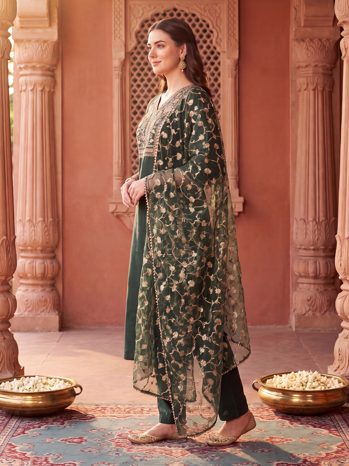 Green Embroidered Straight Kurta Trousers With Dupatta Set-BB1KH576
