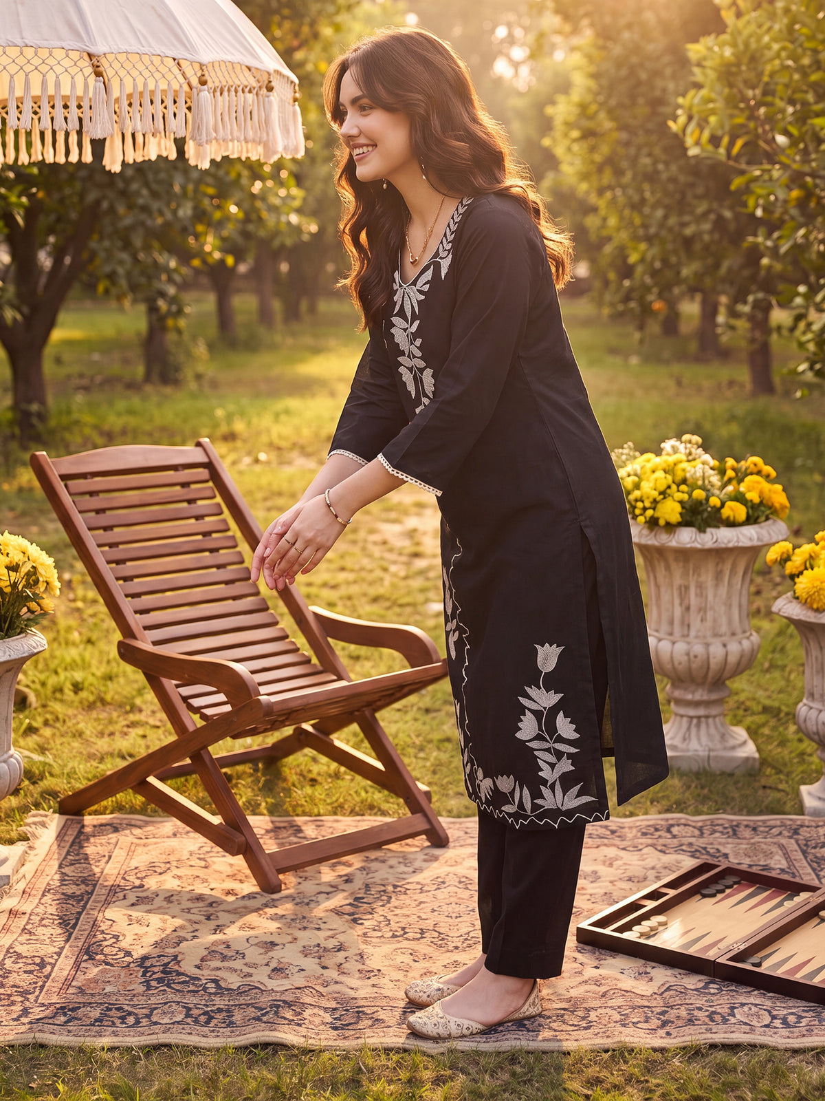 Black Embroidered Straight Kurta Trousers With Dupatta Set-BB9KH501