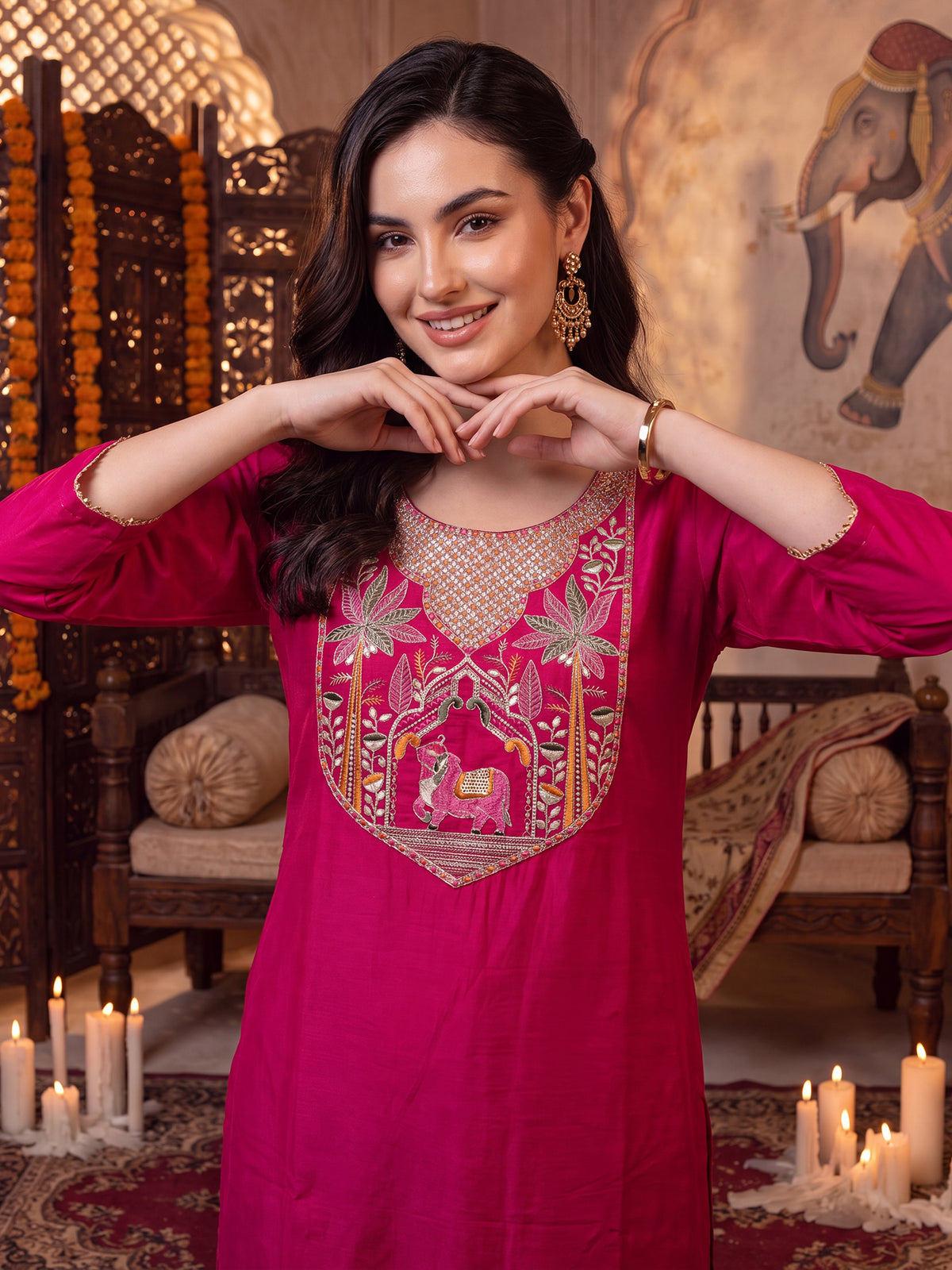 Pink Embroidered Straight Kurta Trousers With Dupatta Set-BB9KH603