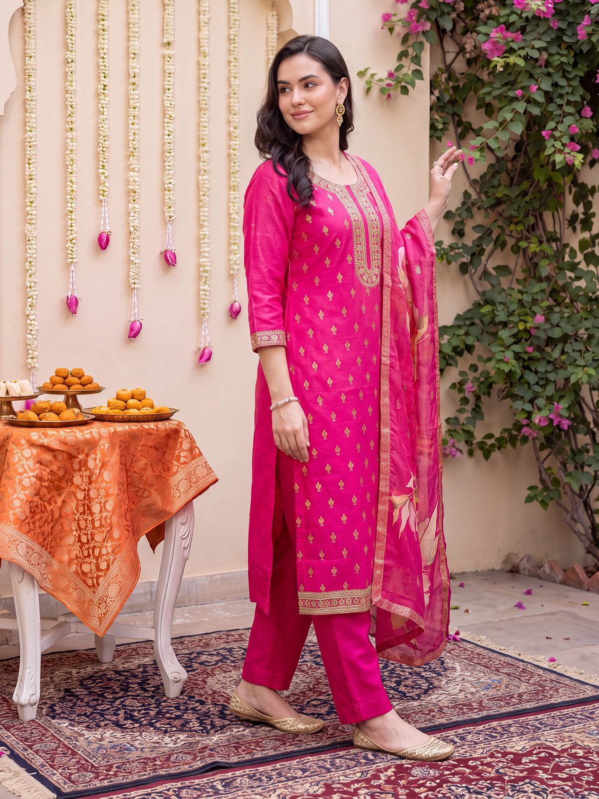 Pink Embroidered Straight Kurta Trousers With Dupatta Set-KH9RP13431