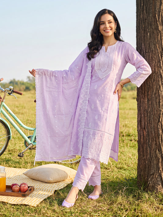 Lavender Embroidered Straight Kurta Trousers With Dupatta Set-ST0KH355