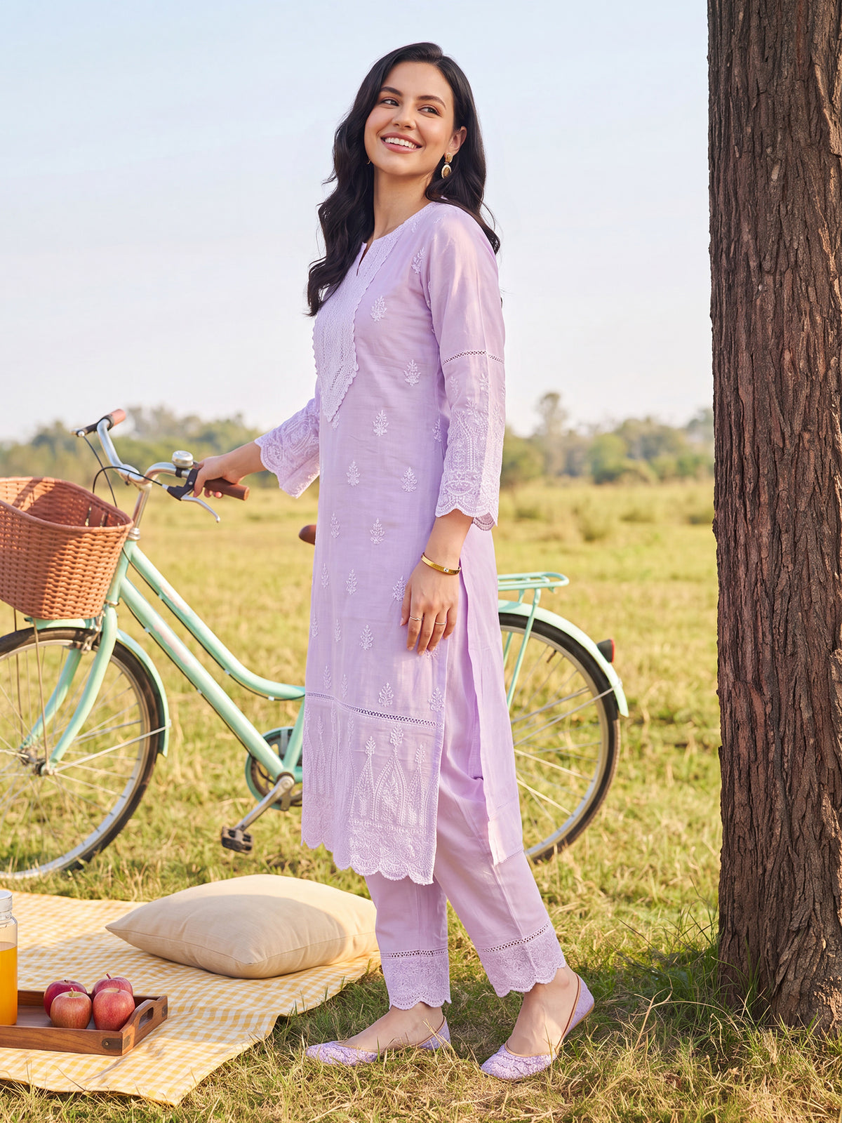 Lavender Embroidered Straight Kurta Trousers With Dupatta Set-ST0KH355