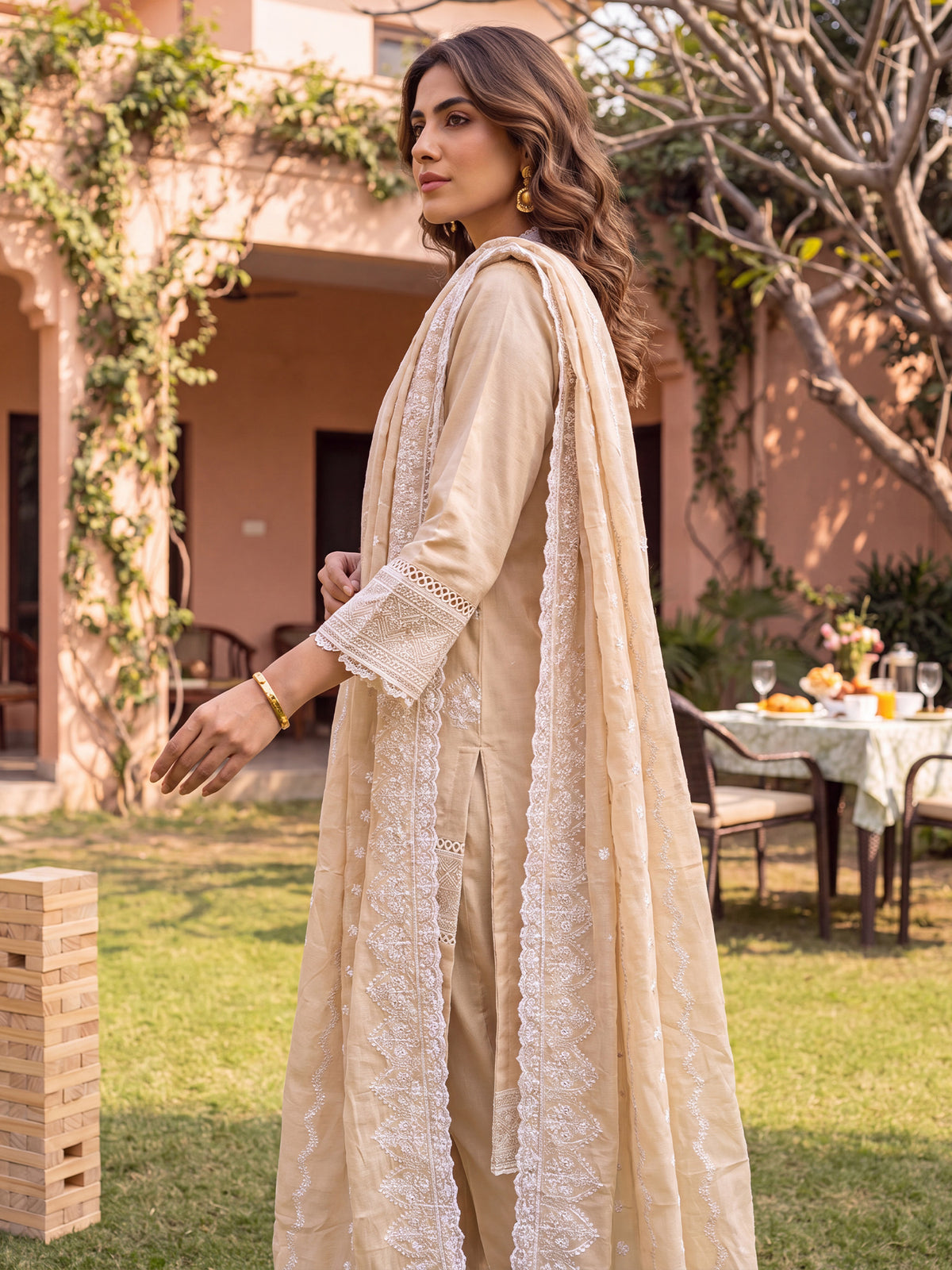 Beige Embroidered Straight Kurta Trousers With Dupatta Set-ST0KH359