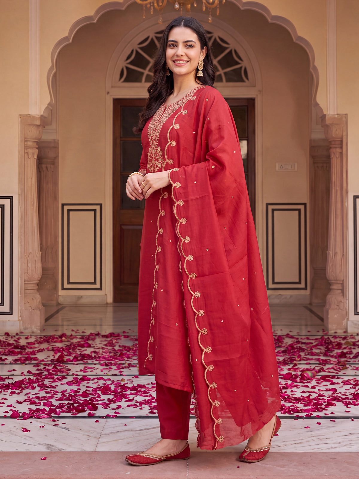 Red Embroidered Straight Kurta Trousers With Dupatta Set-DD9KH601