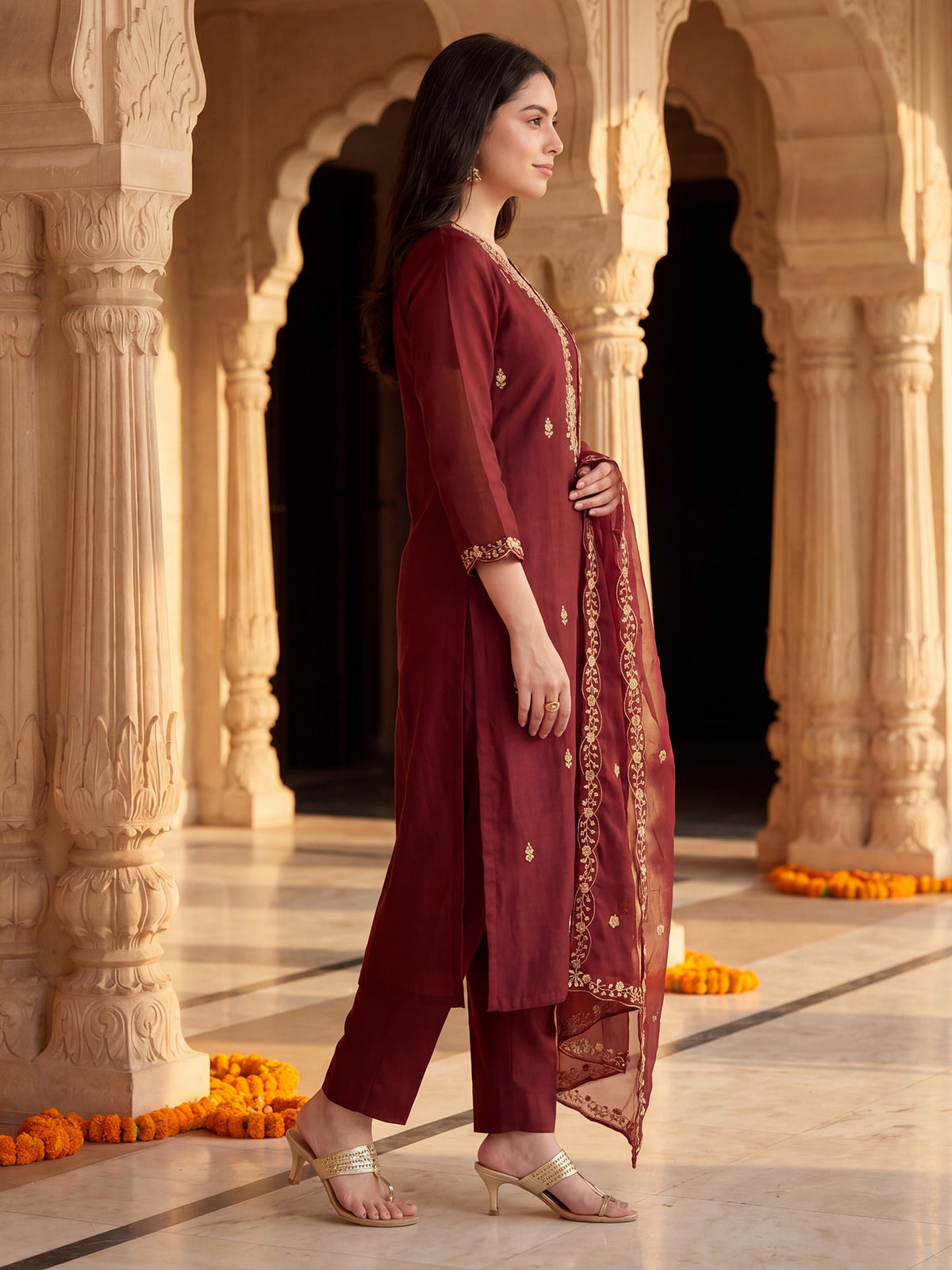 Maroon Embroidered Straight Kurta Trousers With Dupatta Set-BB9KH479