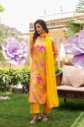 yellow silk blend floral printed straight kurta trousers with dupatta