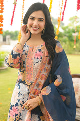 blue rayon blend floral printed straight kurta trousers with dupatta