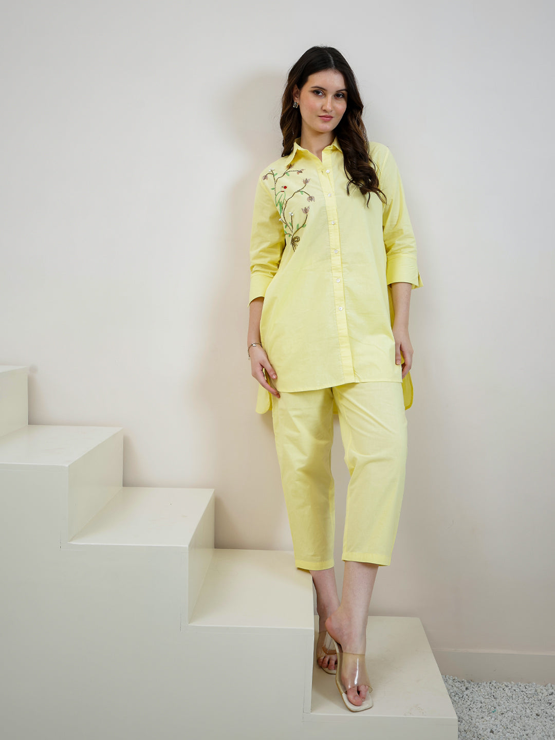 embroidered pure cotton shirt collar shirt with trousers co ords 2