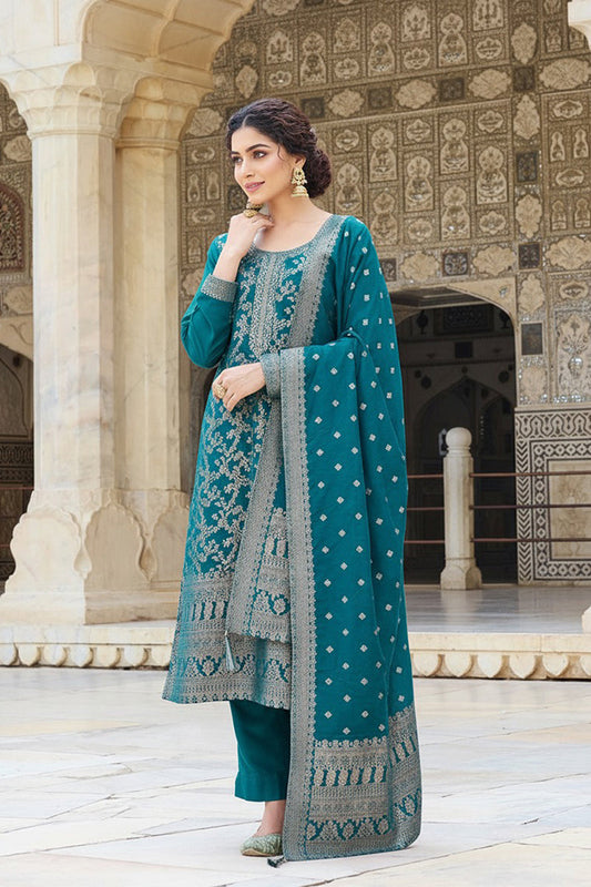 teal blue poly chanderi solid woven design straight trouser suit set