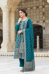 teal blue poly chanderi solid woven design straight trouser suit set