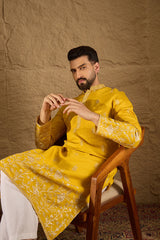 yellow chanderi silk solid embroidered straight kurta with trouser