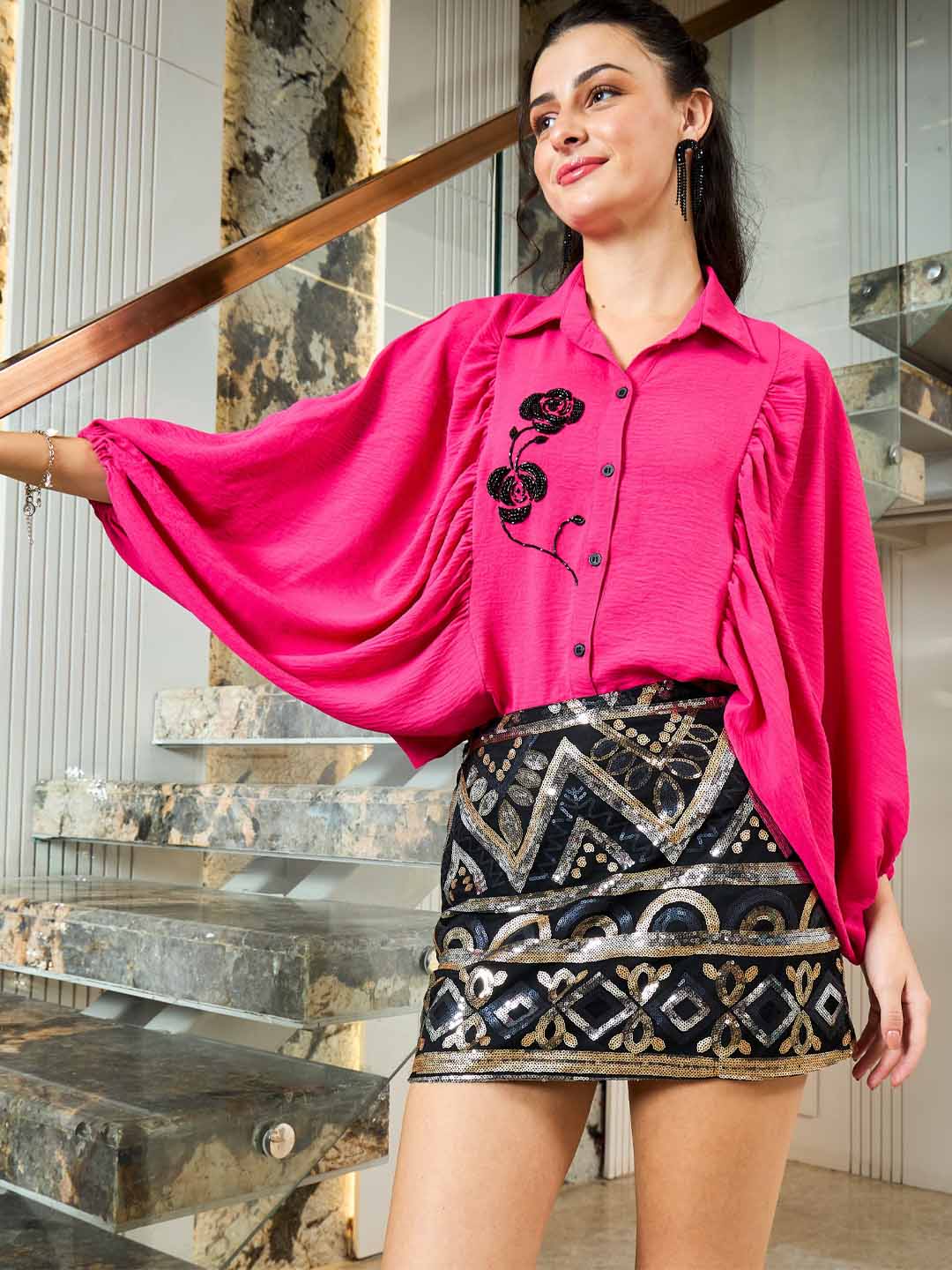 shally bhasin by athena women floral embroidered batwing sleeve blouson top 1