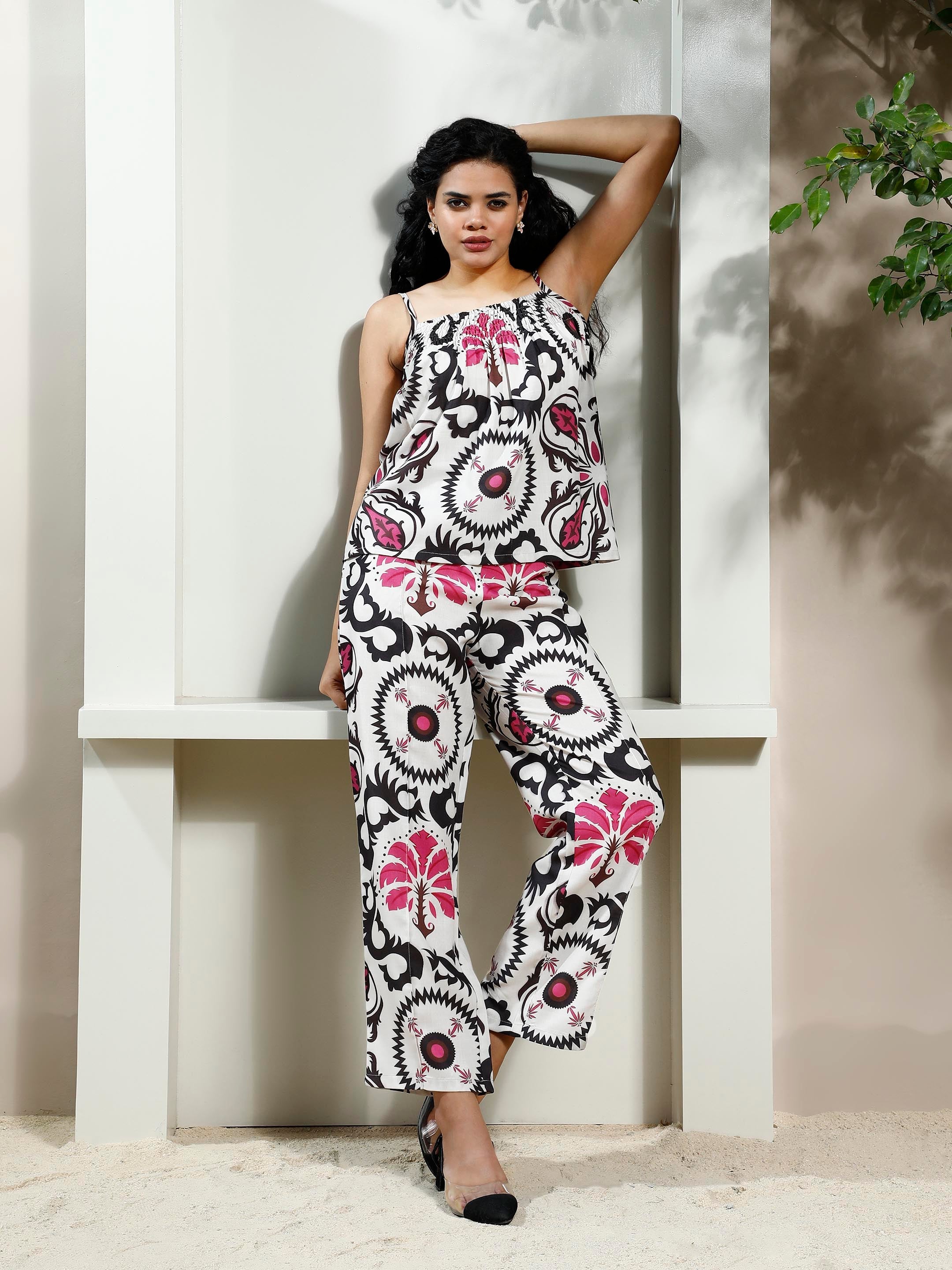 athena printed linen smocked top with trousers co ords 1