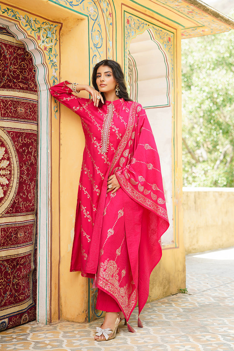 pink silk blend floral printed straight kurta trousers with dupatta