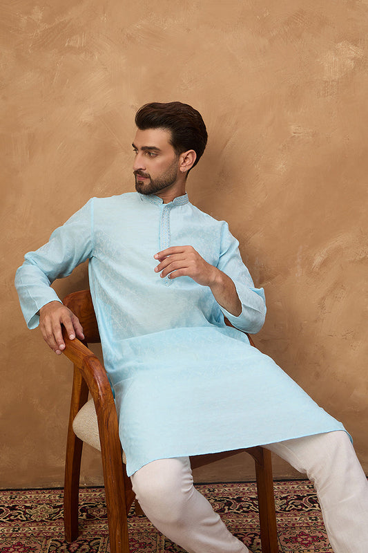 Blue Silk Blend Solid Embroidered Straight Kurta MKU1452