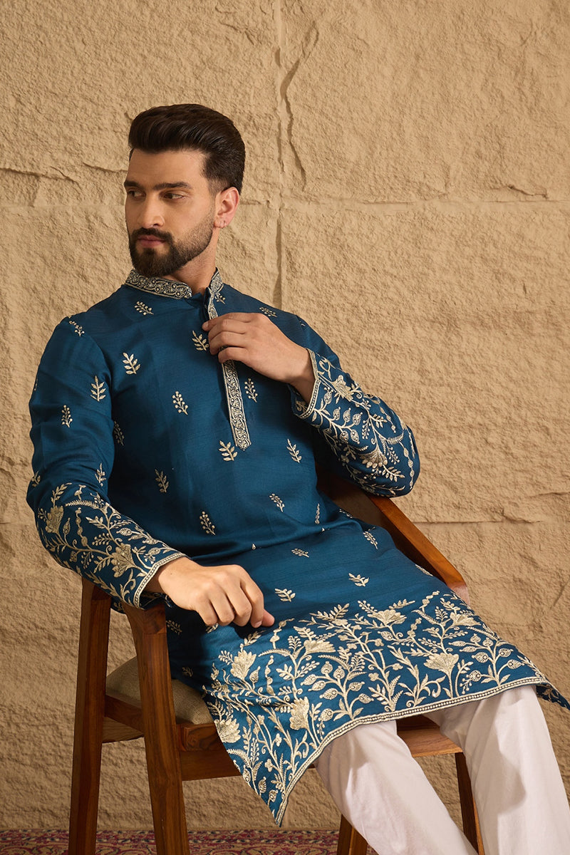 blue chanderi silk solid embroidered straight kurta with trouser