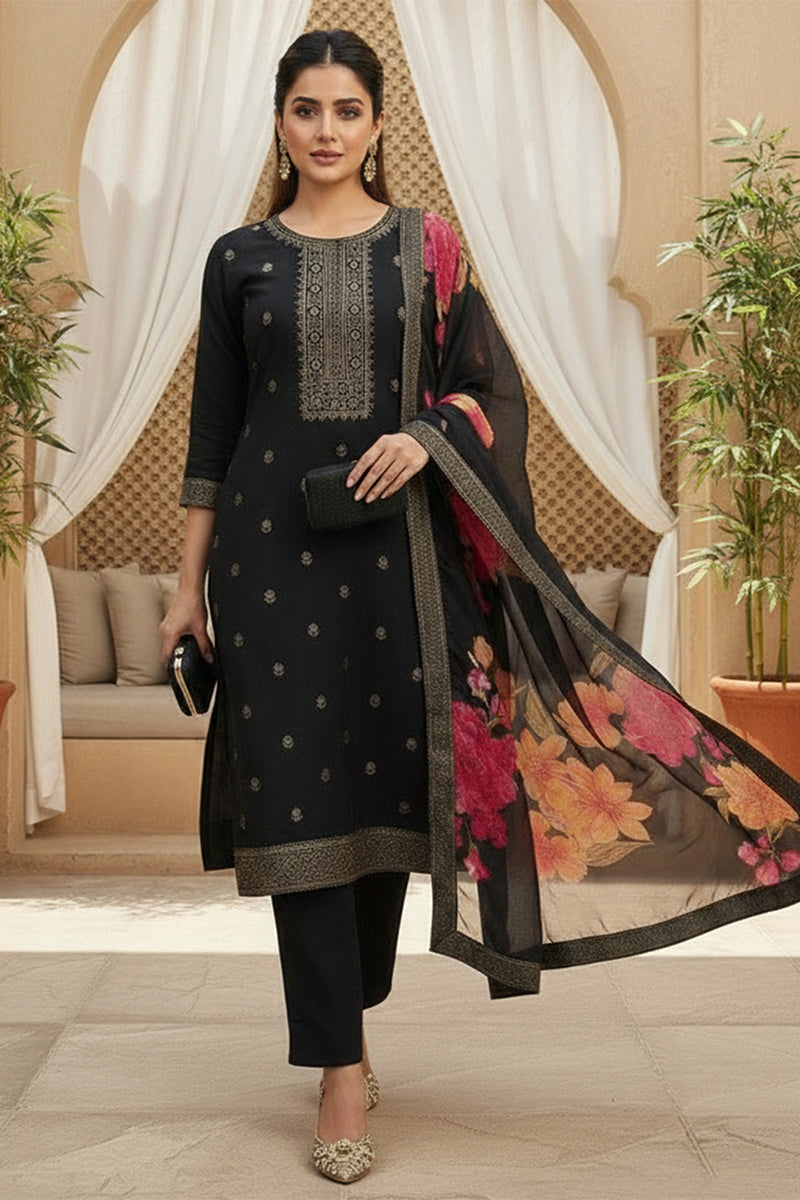 black silk blend ethnic motifs stoning straight kurta trouser with dupatta