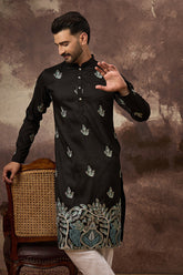 black silk blend solid embroidered straight kurta with trouser